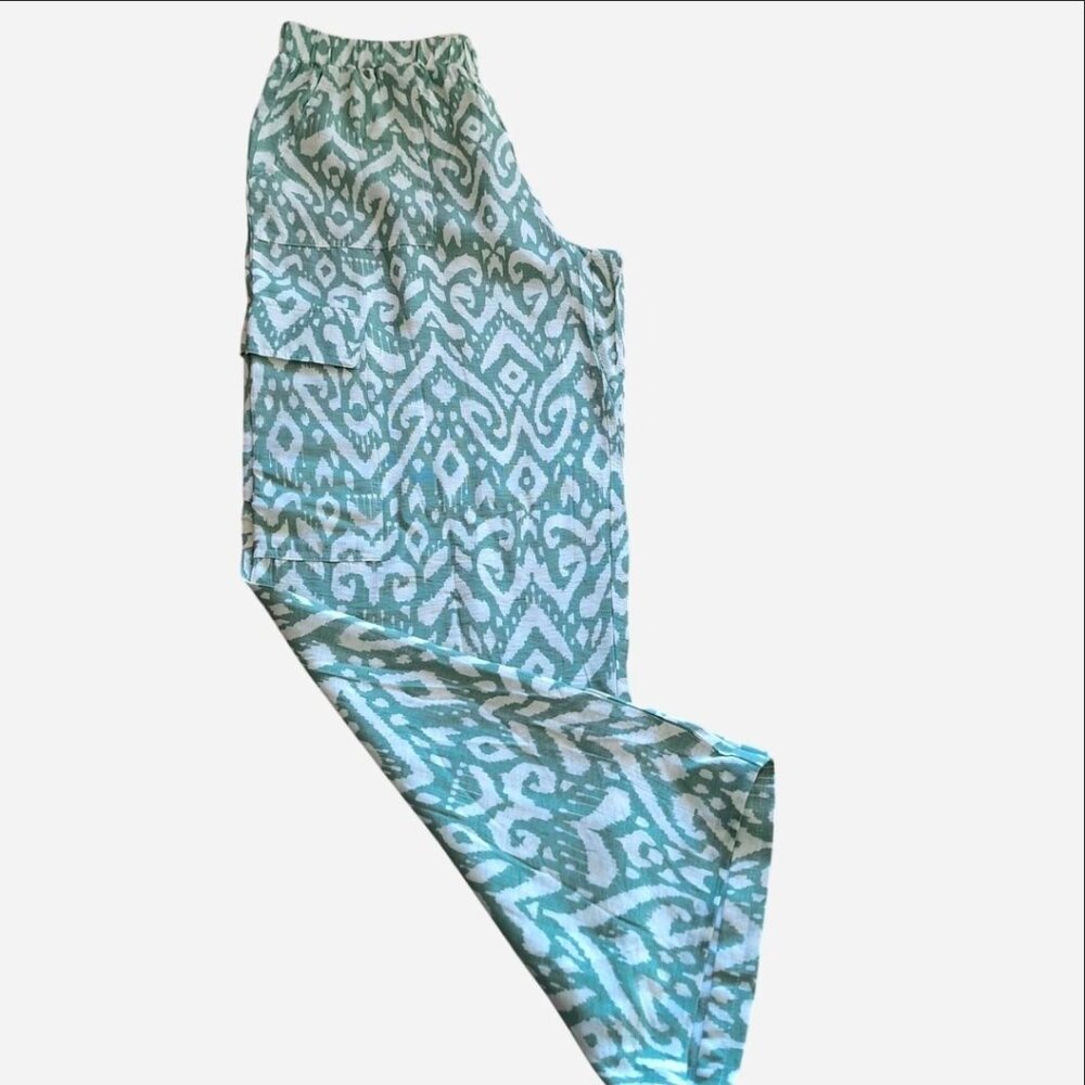 Wide-Leg Ikat Print Pull-On Pants in Teal